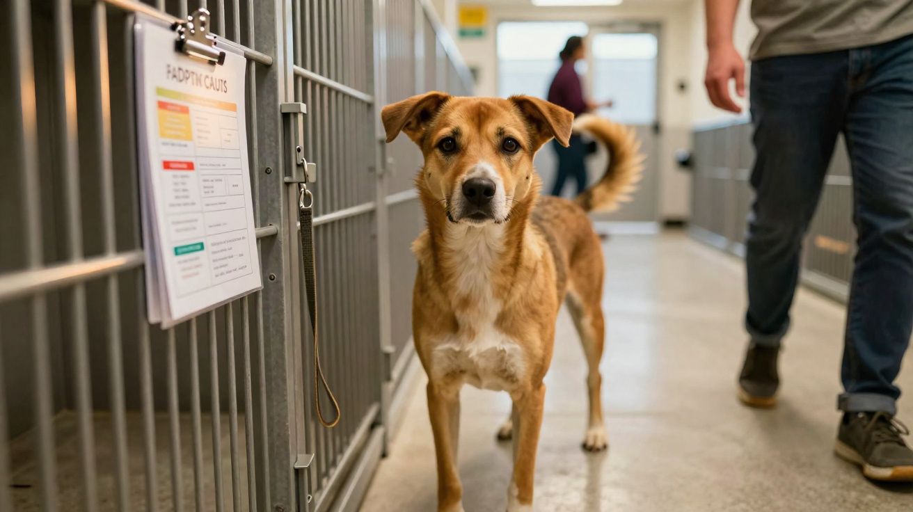 Cão castanho em abrigo animal com jaulas ao fundo e pessoas desfocadas a caminhar.