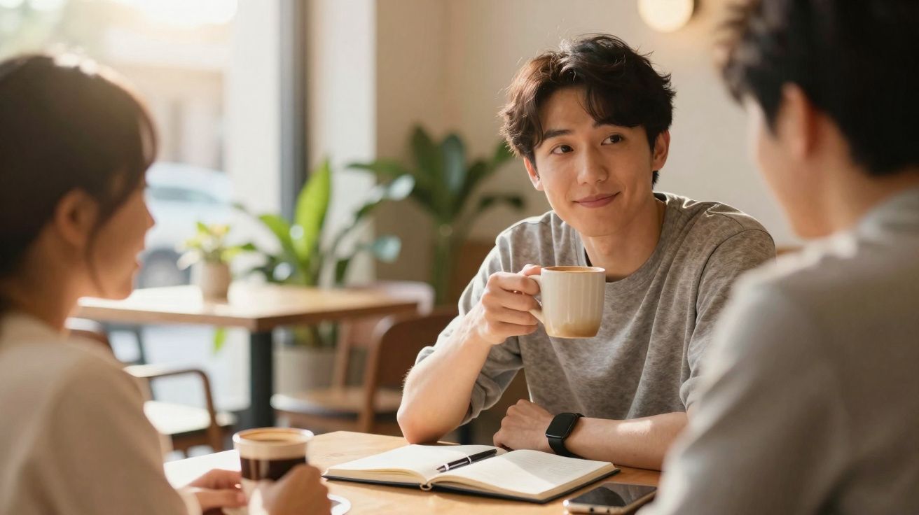 Três jovens sentados à mesa num café, conversando e bebendo café, com cadernos e telemóvel na mesa.