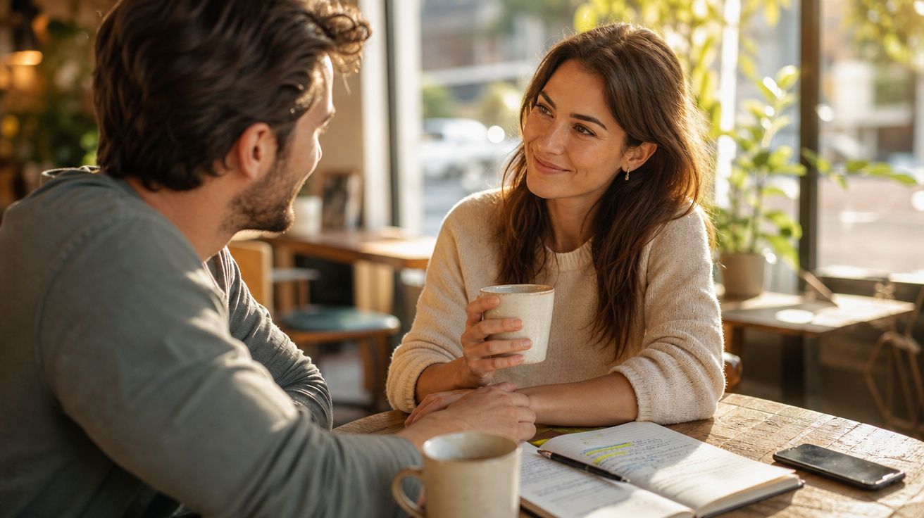Casal sentado num café sereno, a conversar e a beber chá ou café, com luz natural e ambiente acolhedor.