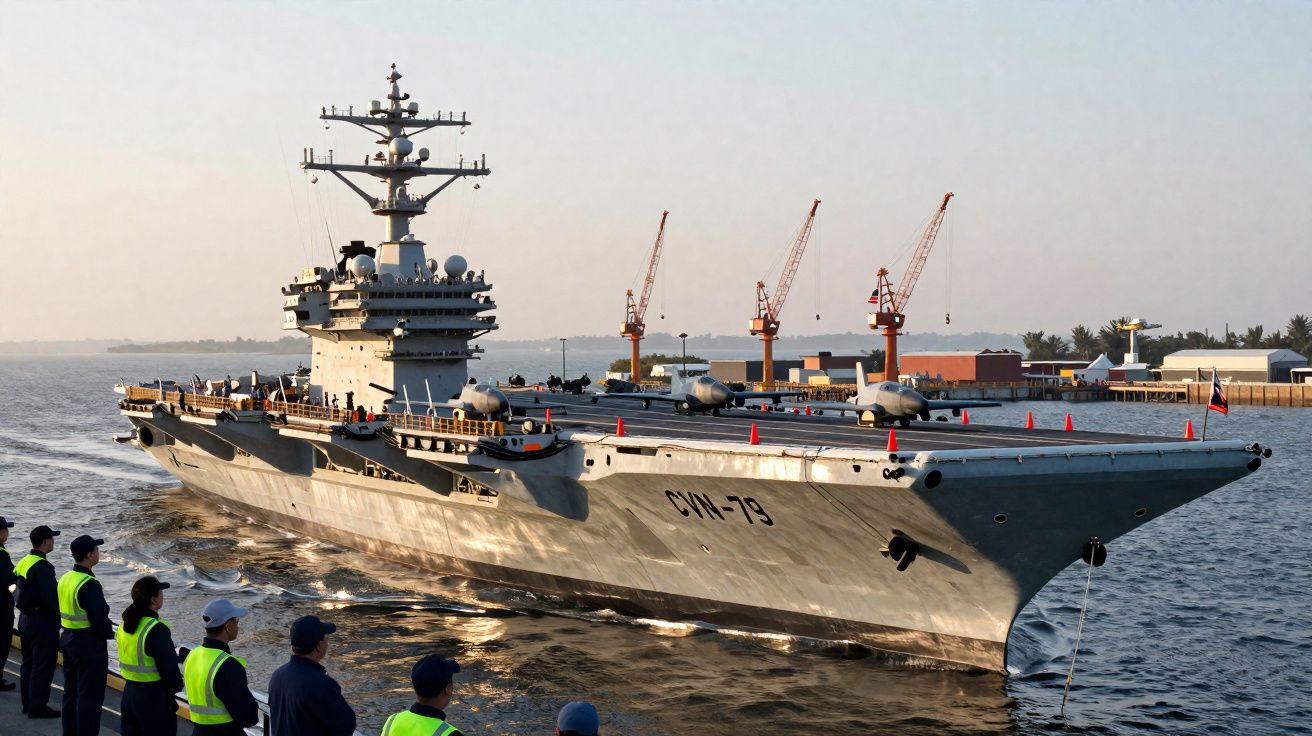 Porta-aviões militar CVN-79 a navegar perto da costa com tripulação na margem.