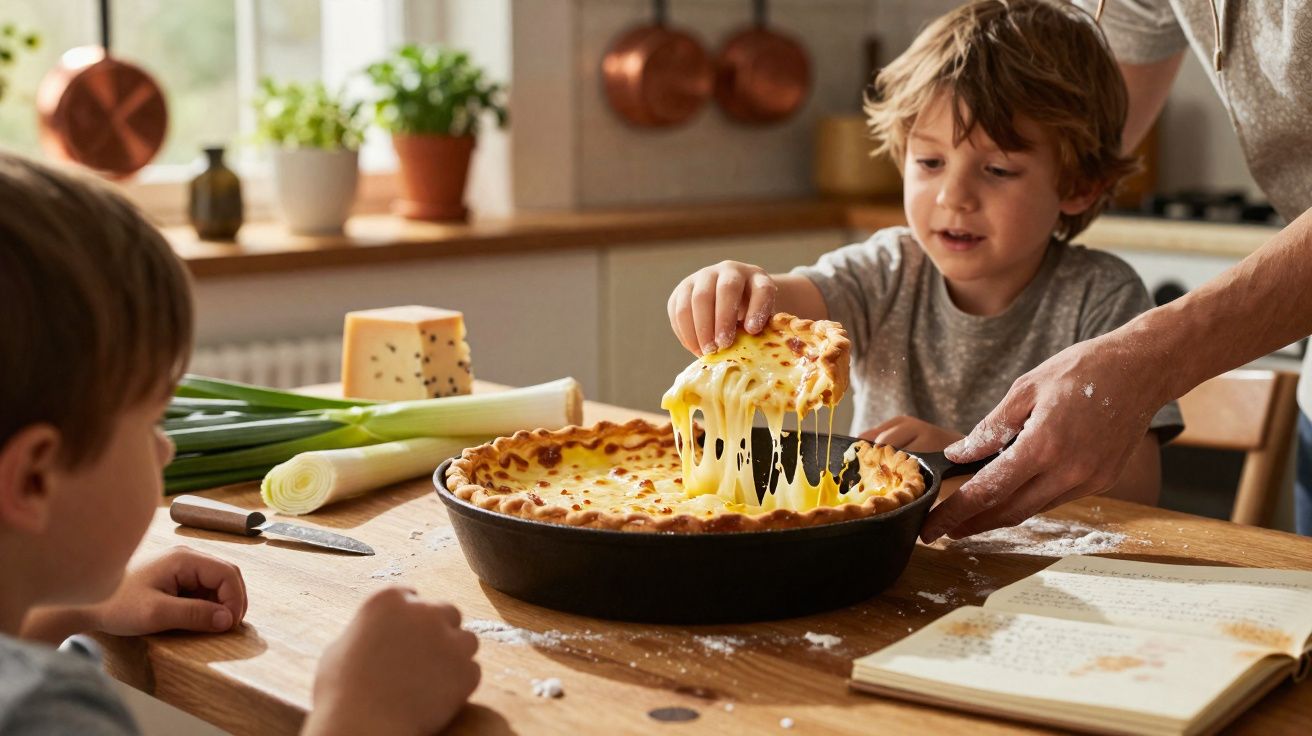 Criança a tirar fatia com queijo esticado de uma tarte salgada caseira numa cozinha acolhedora.