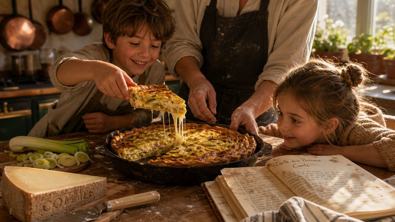Crianças e adulto a cortar e ver tarte de queijo derretido numa cozinha rústica iluminada pela luz natural.