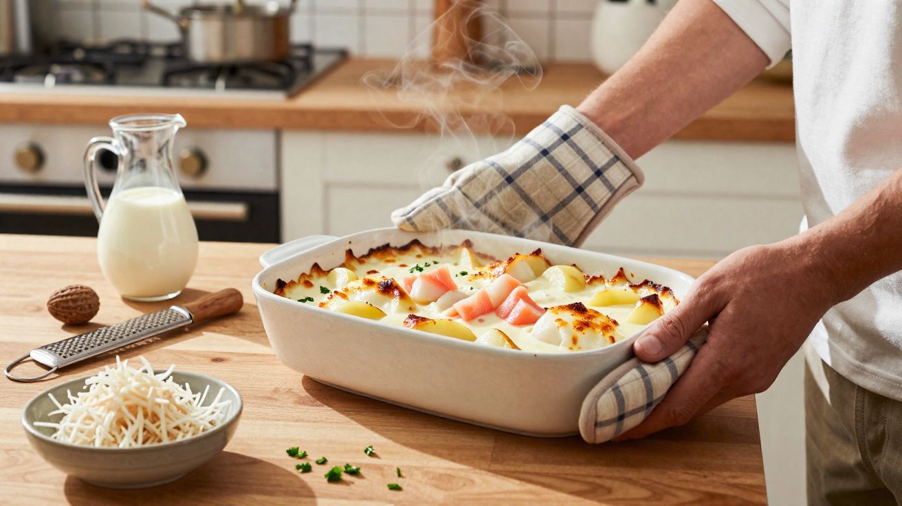 Mãos com luvas de forno seguram refratário com prato gratinado fumegante numa cozinha acolhedora.