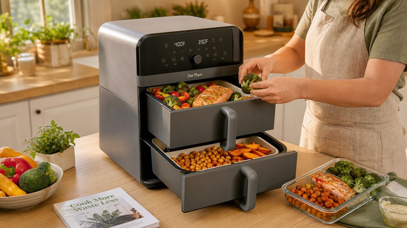 Pessoa a colocar brócolos numa fritadeira de ar dupla com legumes, salmão e grão-de-bico na cozinha.
