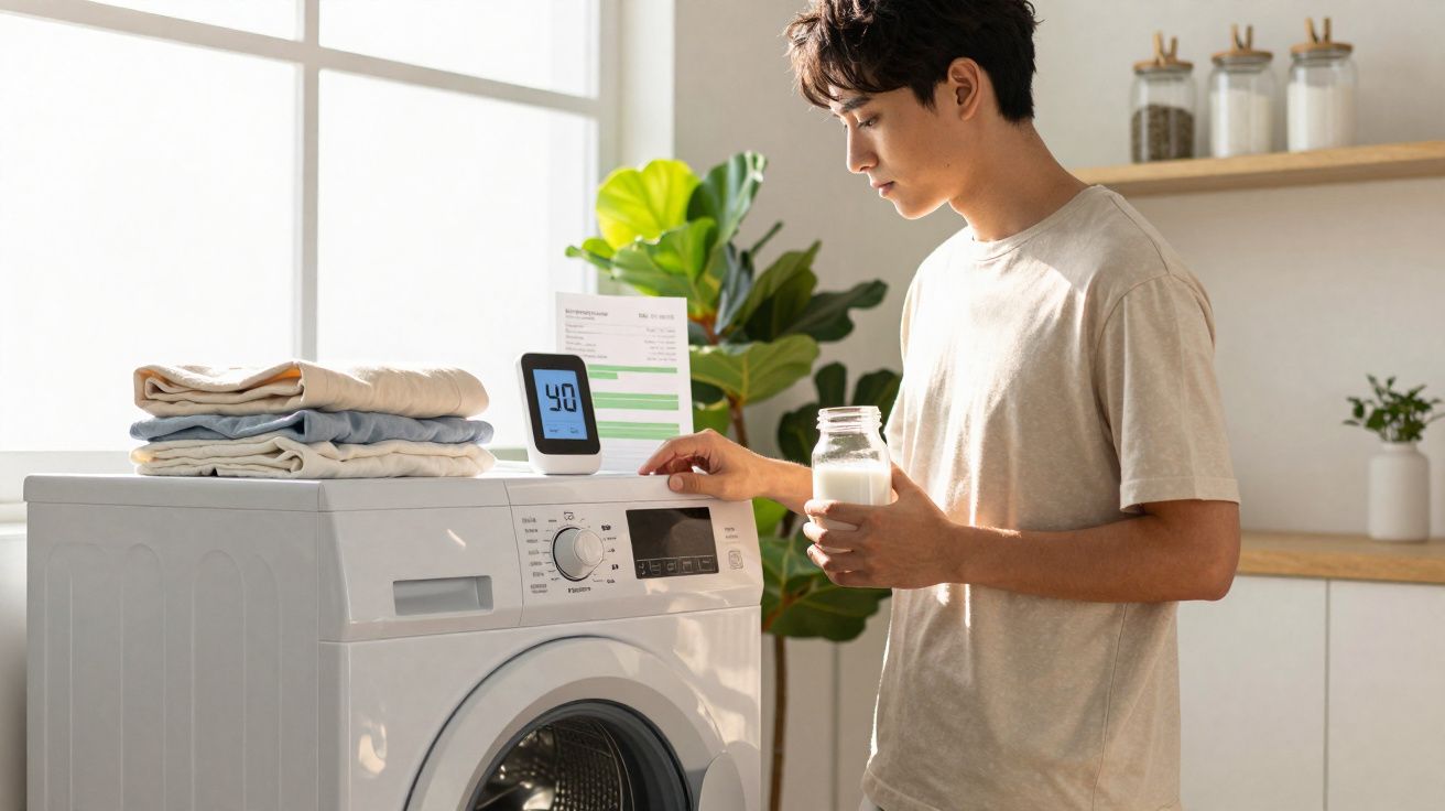 Jovem a preparar máquina de lavar roupa com detergente em frasco, em ambiente doméstico iluminado.