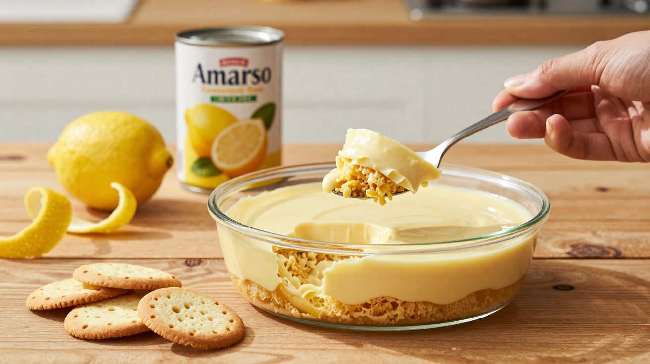 Taça de vidro com sobremesa cremosa de limão, bolachas, limão e lata de leite condensado amarelo na mesa.