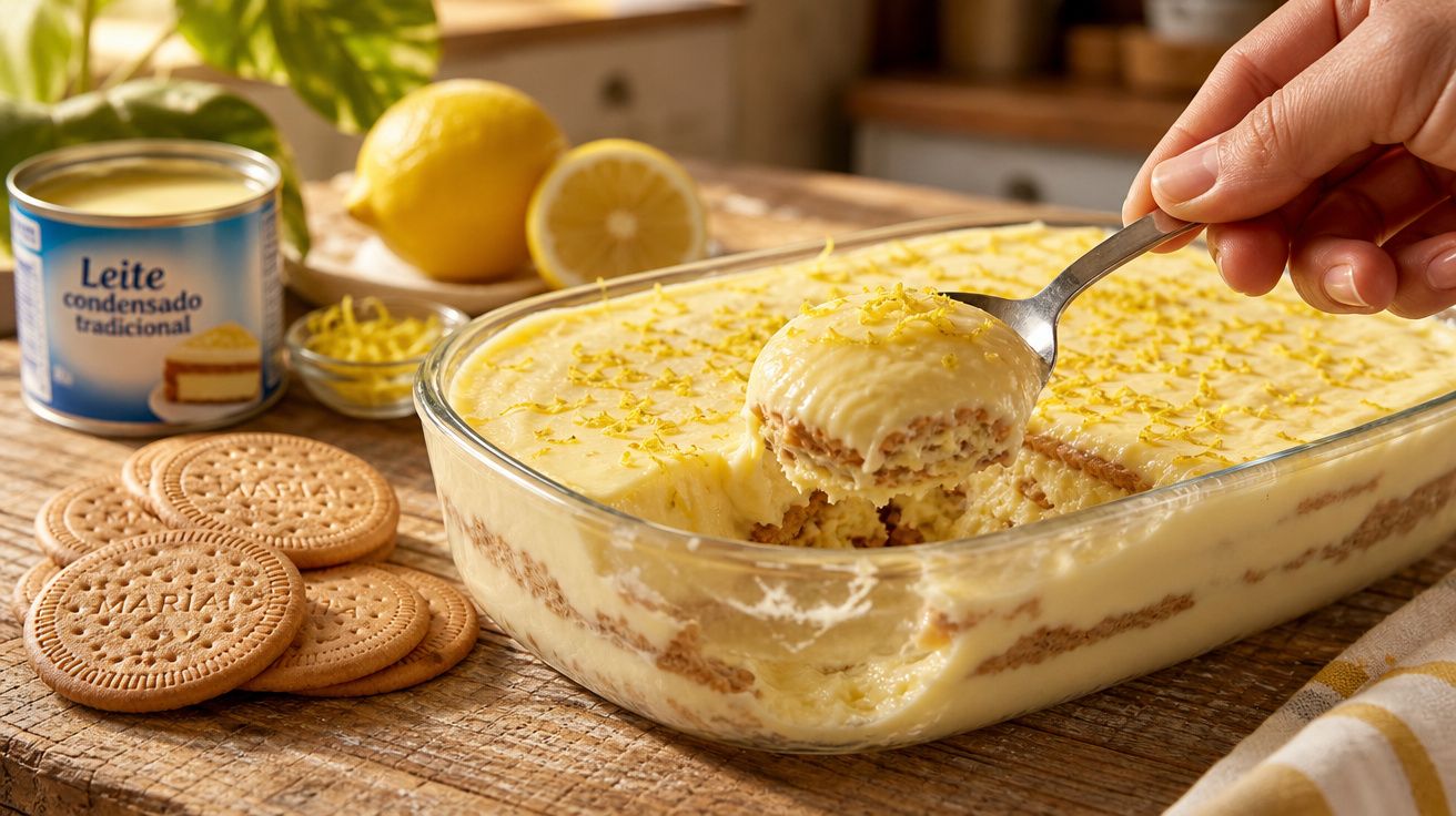 Doce de natas com bolacha maria, raspas de limão e leite condensado num tabuleiro de vidro.