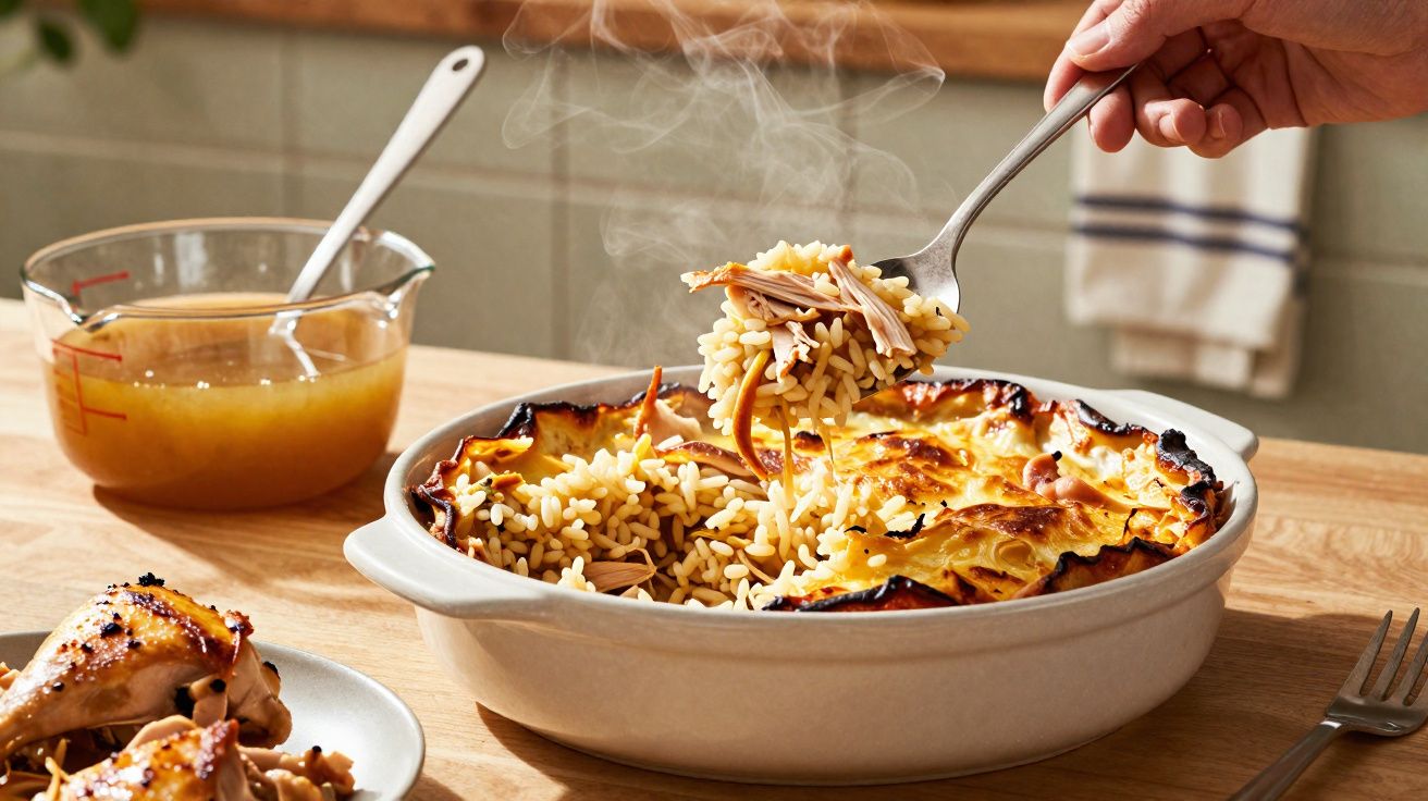 Arroz de forno fumegante com pedaços de frango servido numa travessa branca, com caldo e perna de frango ao lado.