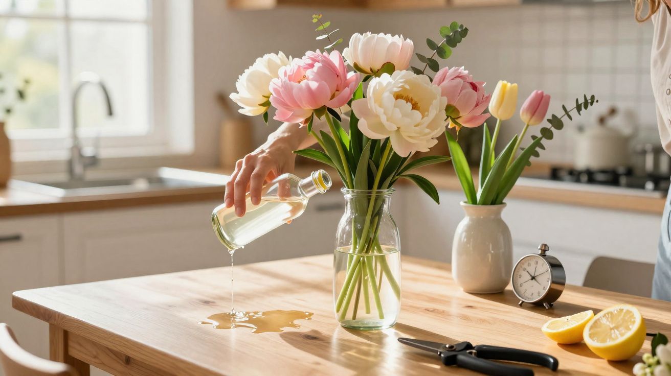 Mãos a regar flores coloridas num vaso transparente sobre uma mesa de madeira na cozinha.