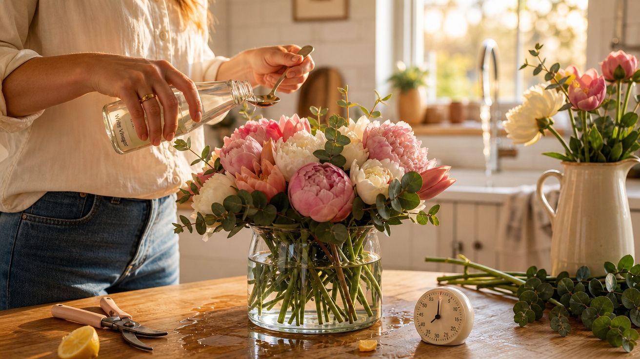 Pessoa a cuidar de flores cor-de-rosa e brancas num vaso em cima de uma mesa de madeira iluminada pelo sol.