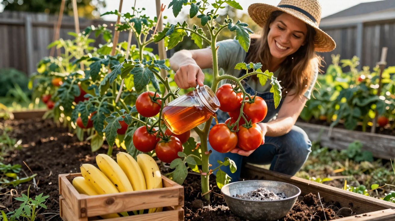 Mulher a regar planta de tomateiros maduros num jardim com caixa de bananas ao lado.