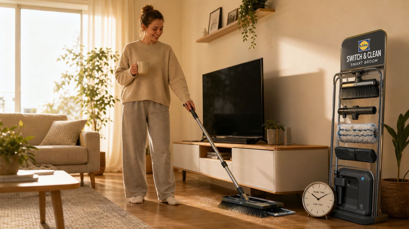 Mulher a sorrir enquanto limpa o chão de madeira da sala com uma vassoura inteligente.