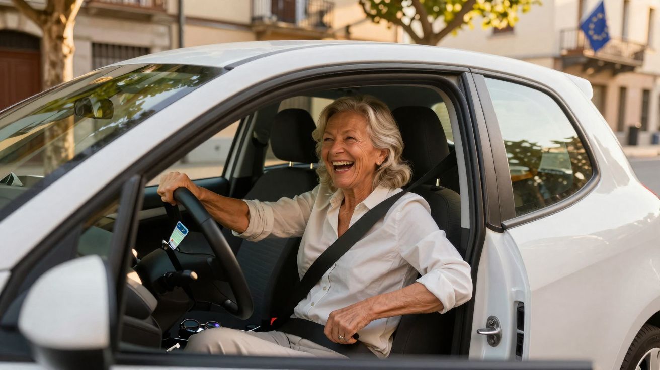 Mulher idosa sorridente ao volante de um carro branco estacionado numa rua citadina.