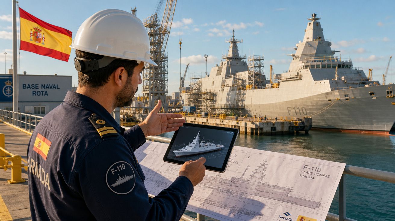 Militar da Armada Espanhola com capacete a analisar planta e imagem digital de fragata junto a navios no porto de Rota.