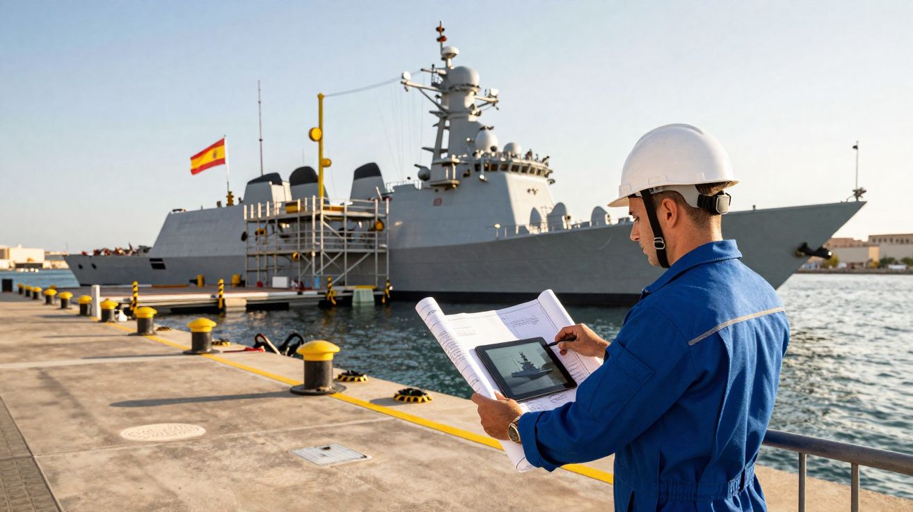 Homem com capacete e fato azul a analisar plantas ao lado de um navio militar atracado no porto.