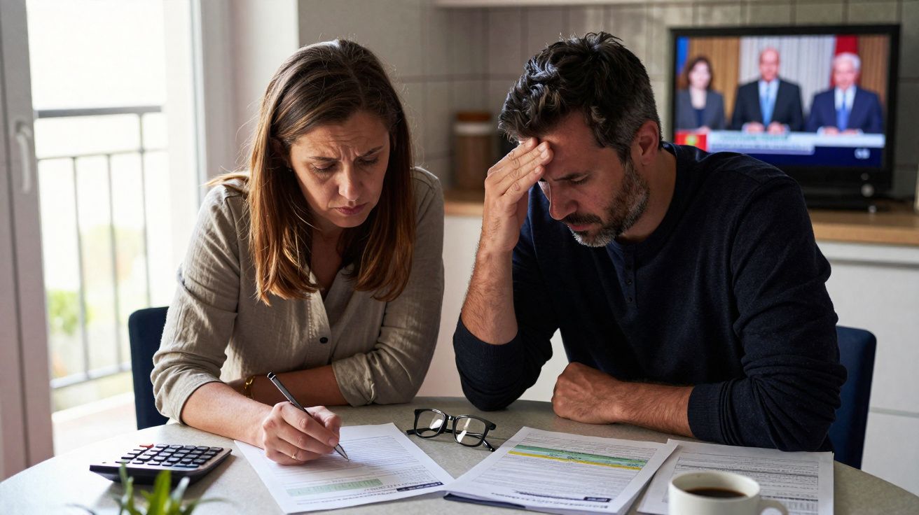 Casal sentado à mesa com expressão preocupada a analisar documentos e contas em casa.