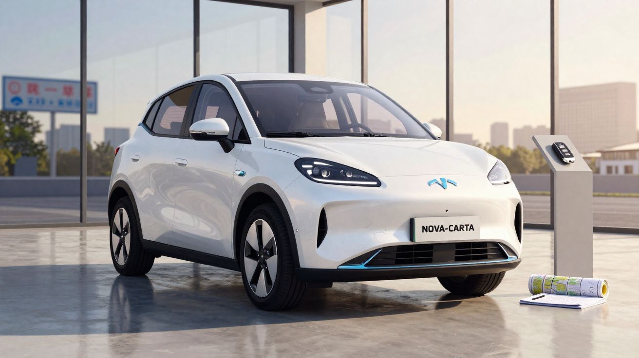 Carro elétrico compacto branco estacionado num espaço interior moderno com carregador ao lado.