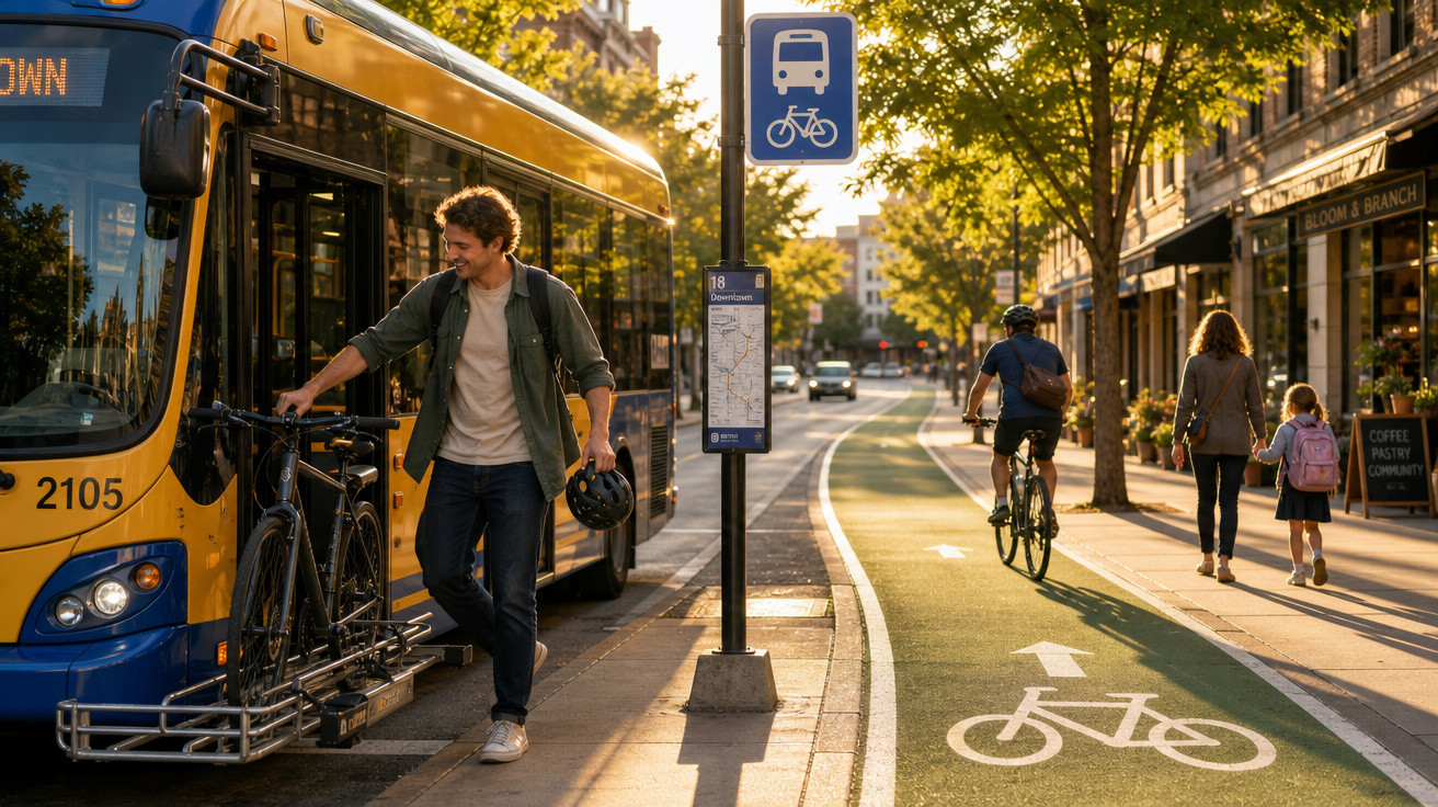 Homem a retirar bicicleta da frente de autocarro numa ciclovia urbana ao entardecer.