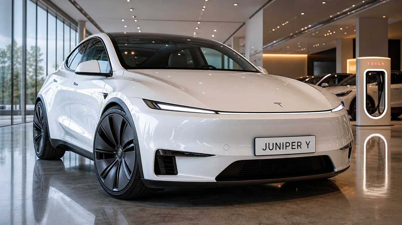 Carro elétrico branco Tesla Model Y estacionado em showroom moderno com luzes LED no teto.