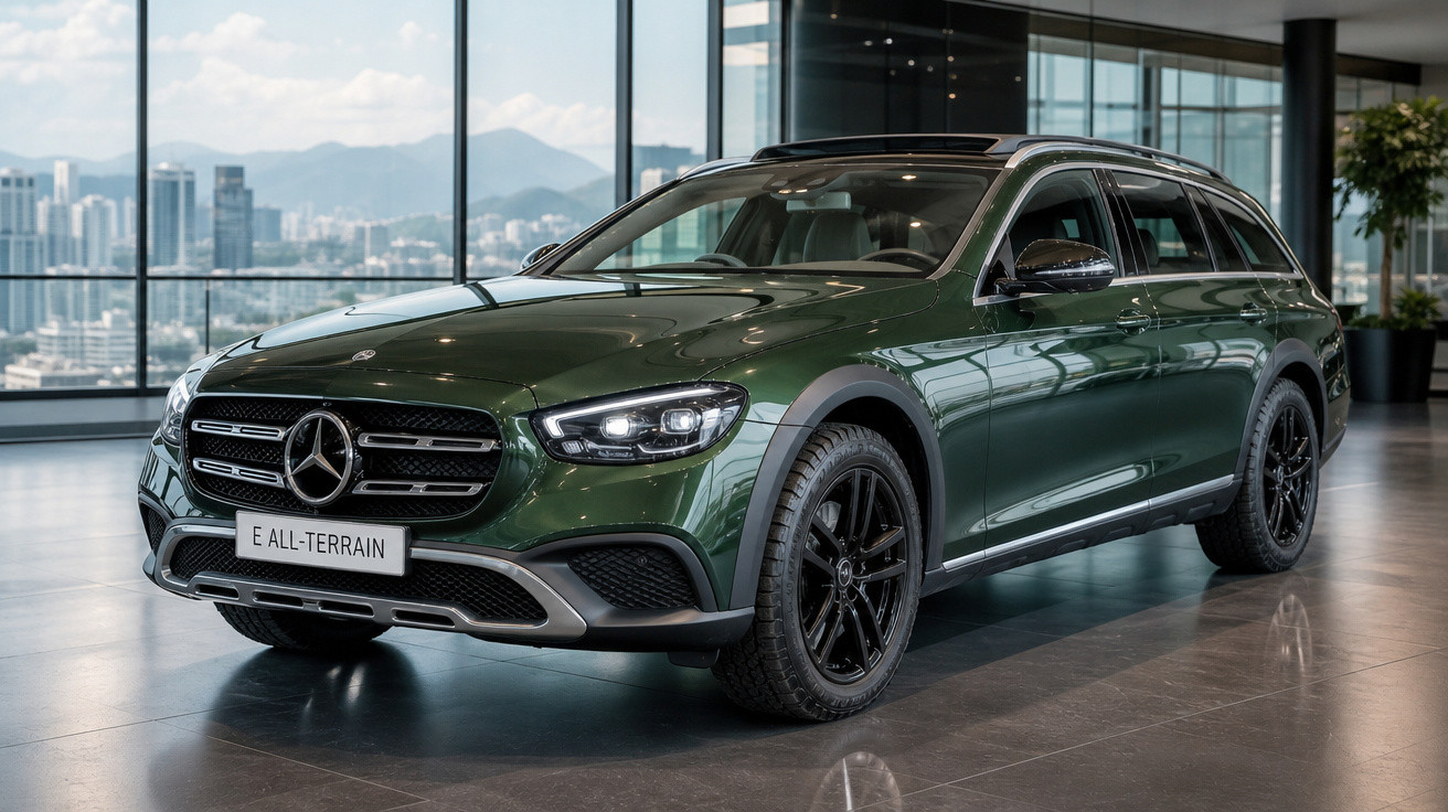 Carro Mercedes-Benz E All-Terrain verde escuro estacionado no interior de showroom moderno com vista para cidade.