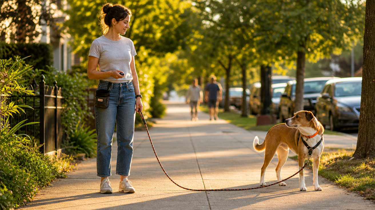 Mulher a passear com cão numa rua arborizada em dia ensolarado ao fim da tarde.