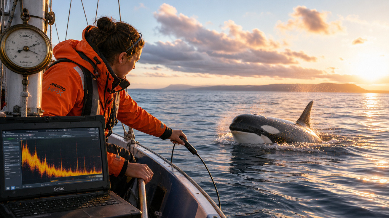 Pessoa numa embarcação a usar equipamento científico para observar uma orca perto ao pôr do sol.