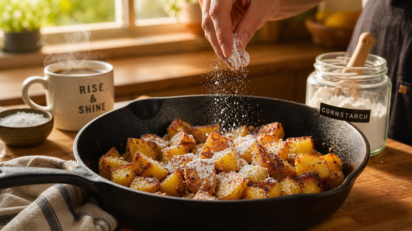 Mão polvilhando açúcar em farinha de milho sobre batatas douradas numa frigideira preta com chá quente ao fundo.