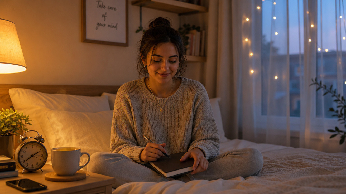 Mulher sentada na cama à noite, escrevendo num caderno com luz suave e decoração acolhedora.