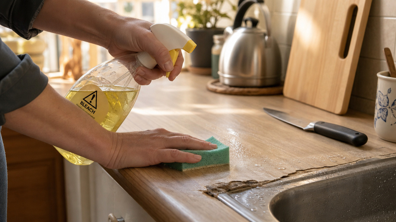 Mãos a limpar um balcão da cozinha com esponja e spray de limpeza amarelo junto a uma pia.