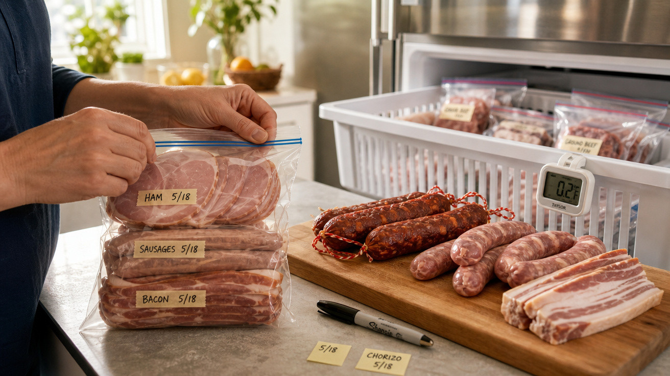 Mãos a colocar fiambre, salsichas e bacon embalados a vácuo, ao lado de chouriço e carne numa bancada de cozinha.