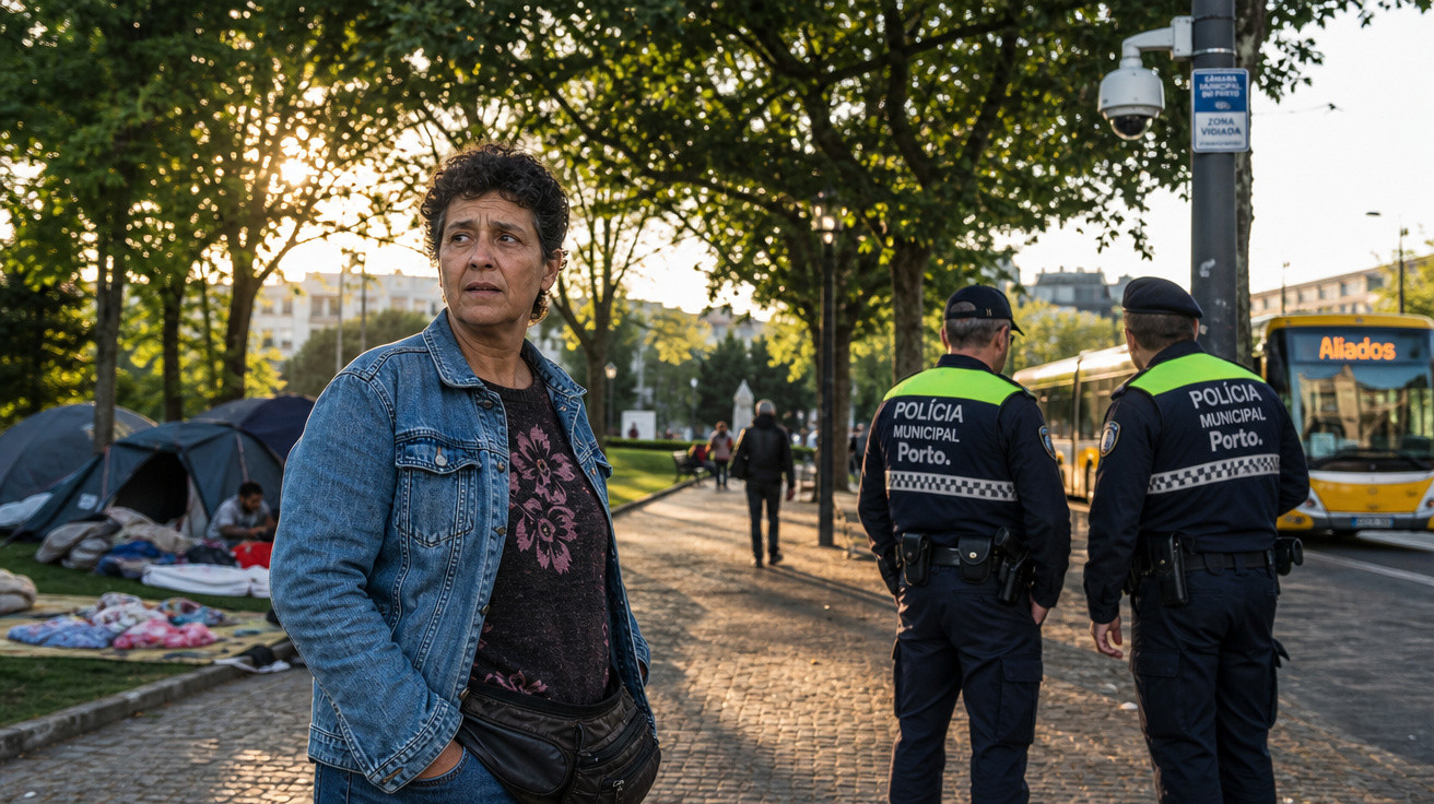 Mulher de jaqueta jeans observa, com polícia municipal do Porto ao fundo e tendas numa zona ajardinada.