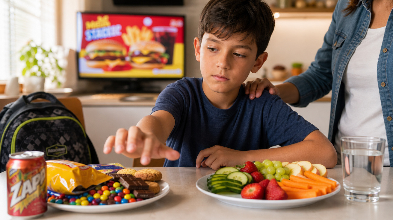 Criança hesitante escolhe doces em prato, ao lado de prato com fruta e legumes, com mão da mãe no ombro.