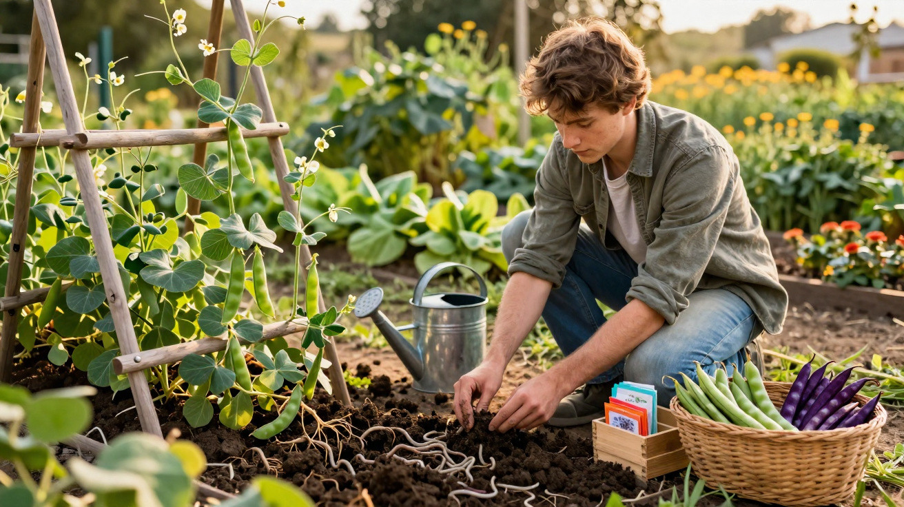 Jovem a plantar sementes num jardim com legumes e regador ao lado ao pôr do sol.