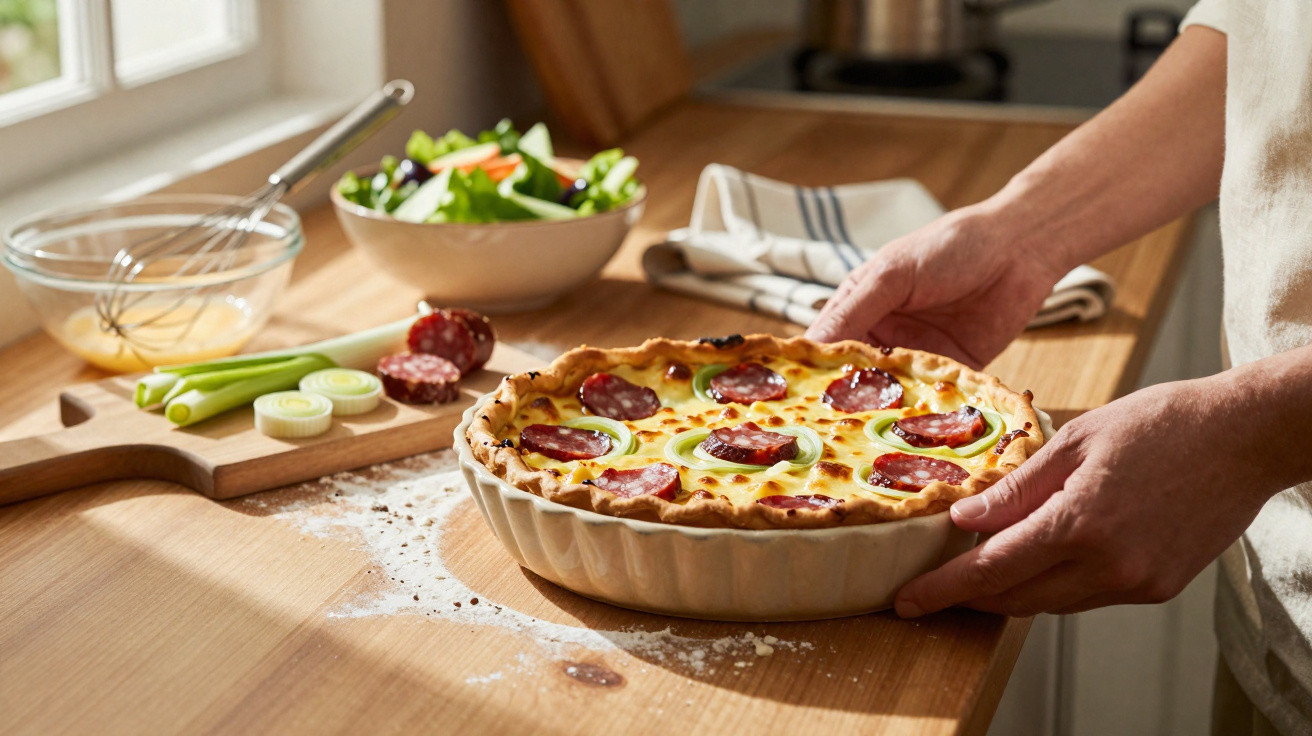 Pessoa a segurar uma tarte salgada recém saída do forno numa bancada de cozinha com ingredientes e salada ao fundo.