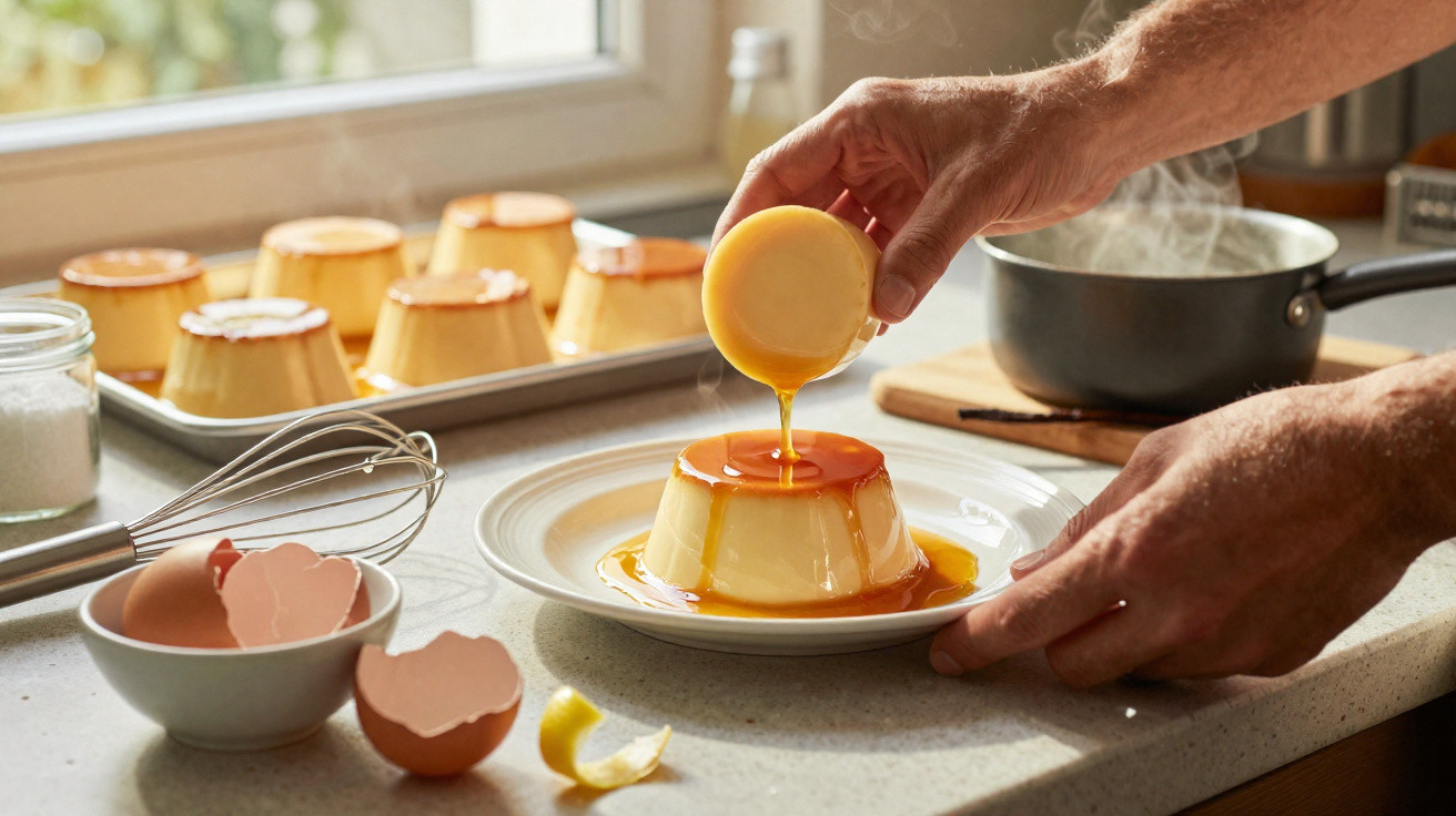 Pessoa a verter caramelo num pudim em prato, com ovos partidos e utensílios de cozinha na bancada.
