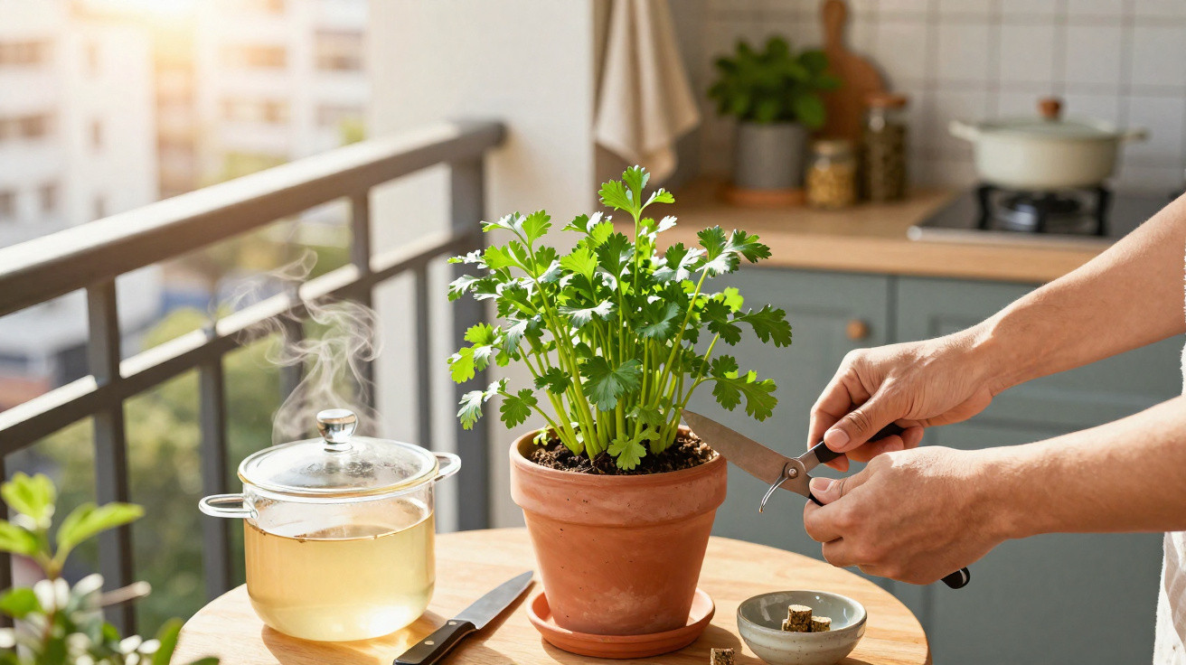 Pessoa a cortar coentros numa panela em vasos com chaleira a ferver na varanda ao sol.
