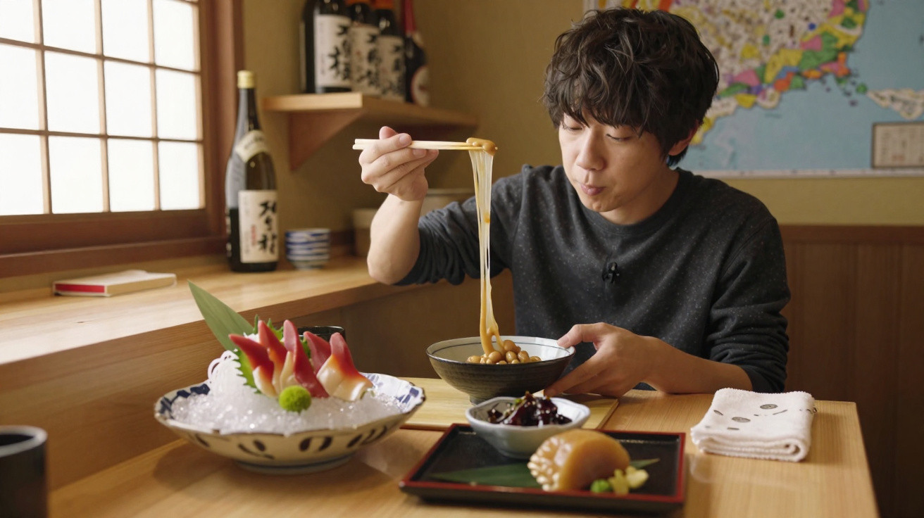 Homem a comer noodles com pauzinhos numa mesa com pratos tradicionais japoneses e sakê.