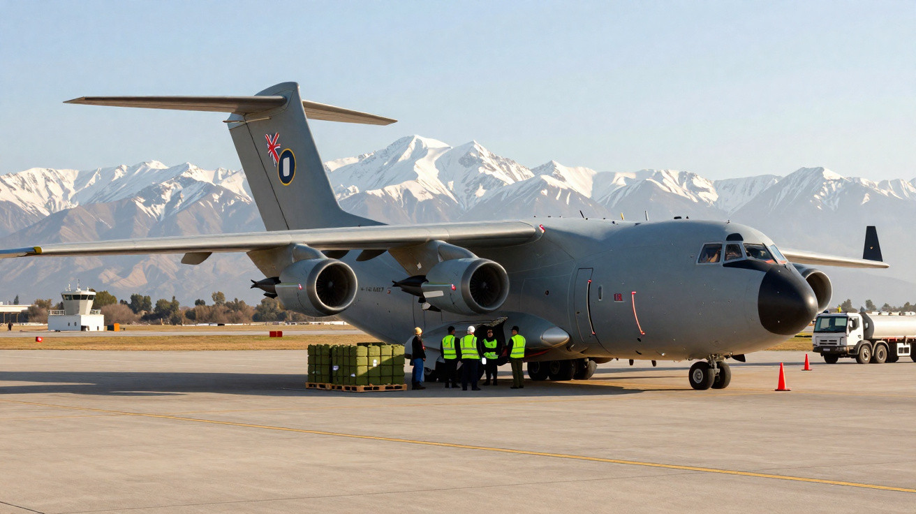 Avião militar cinza no solo com várias pessoas de colete amarelo e montanhas nevadas ao fundo.