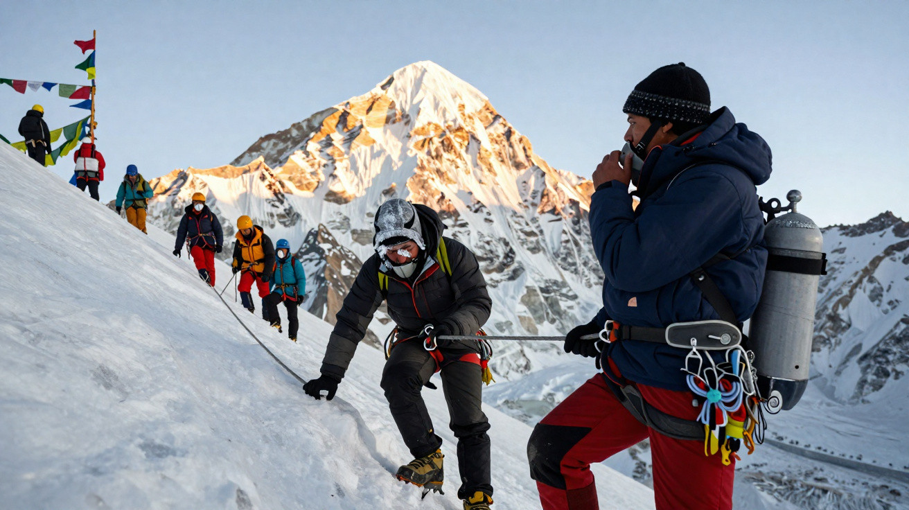 Grupo de alpinistas a subir montanha nevada com equipamento e cordas, sob céu claro.