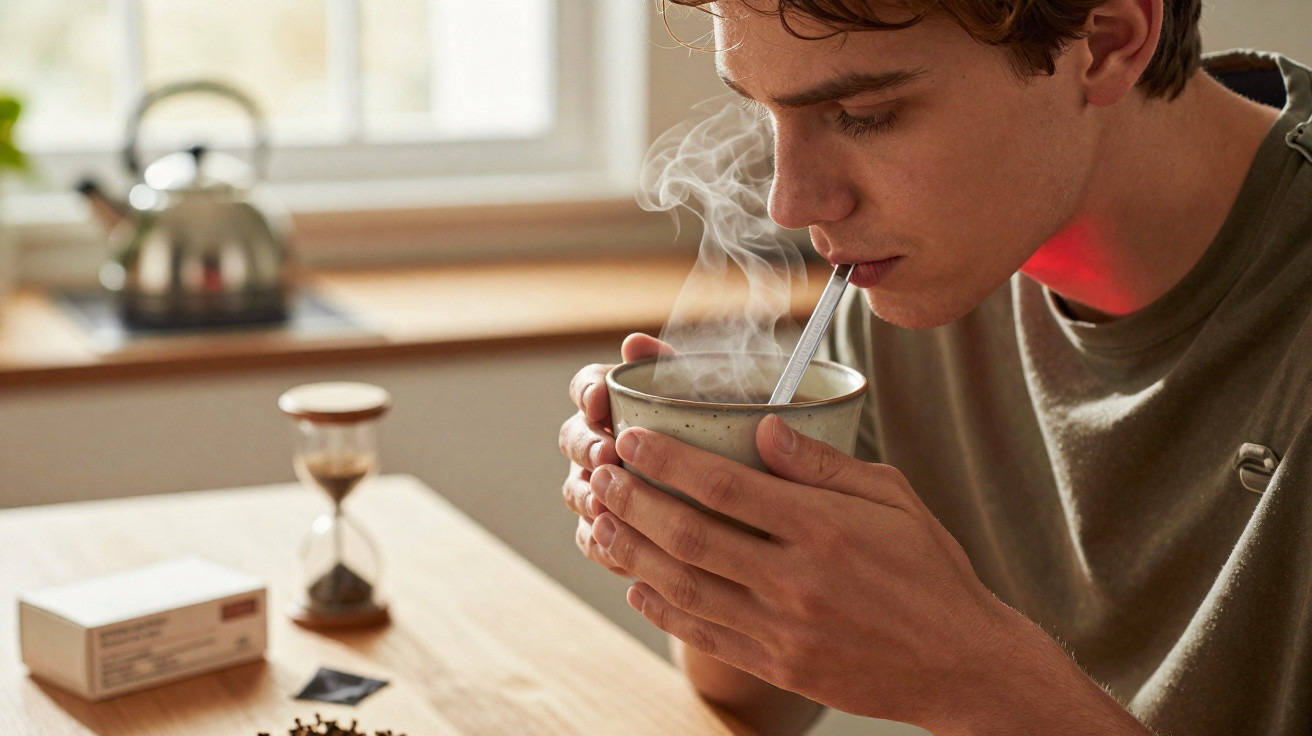 Jovem a beber uma bebida quente num copo com vapor, sentado à mesa numa cozinha iluminada.