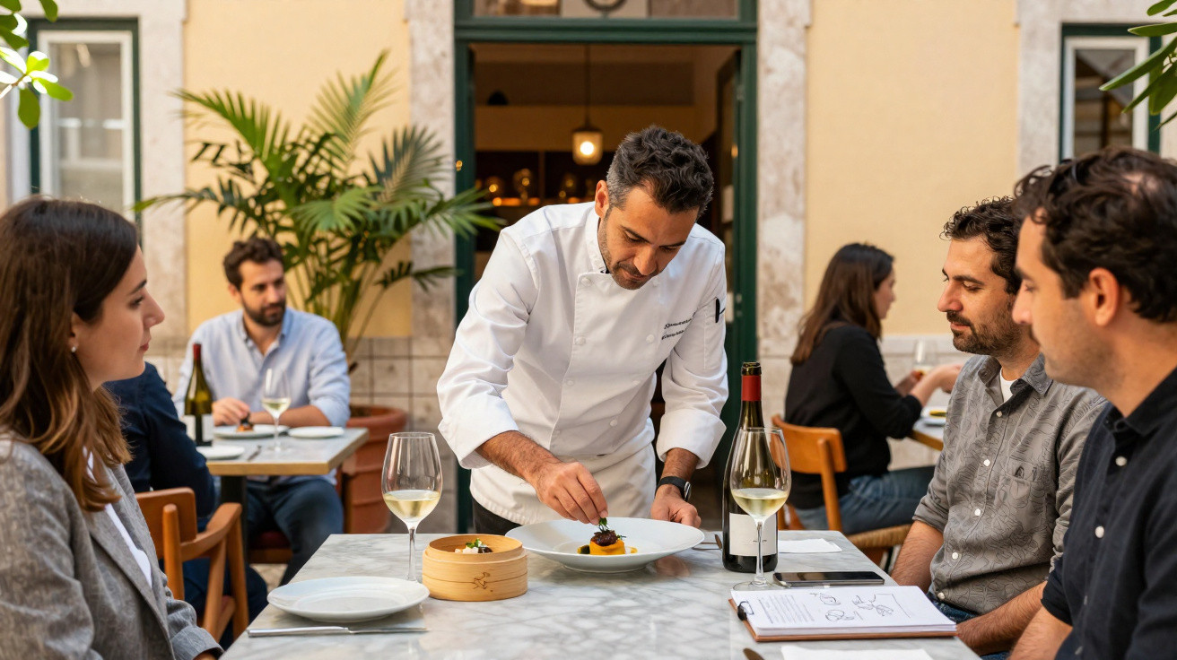 Chef a servir um prato a três clientes numa esplanada de restaurante elegante.