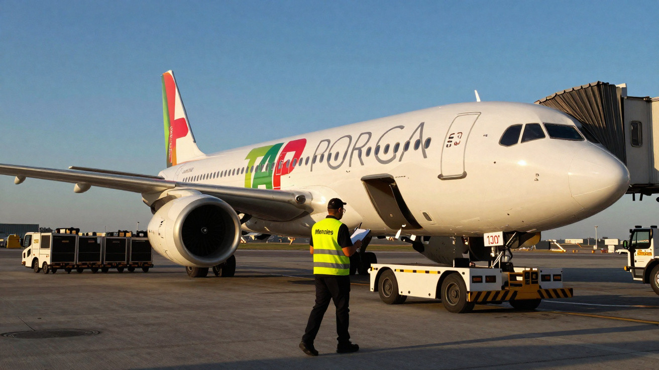 Avião da TAP Air Portugal estacionado no aeroporto com trabalhador de colete amarelo em primeiro plano.