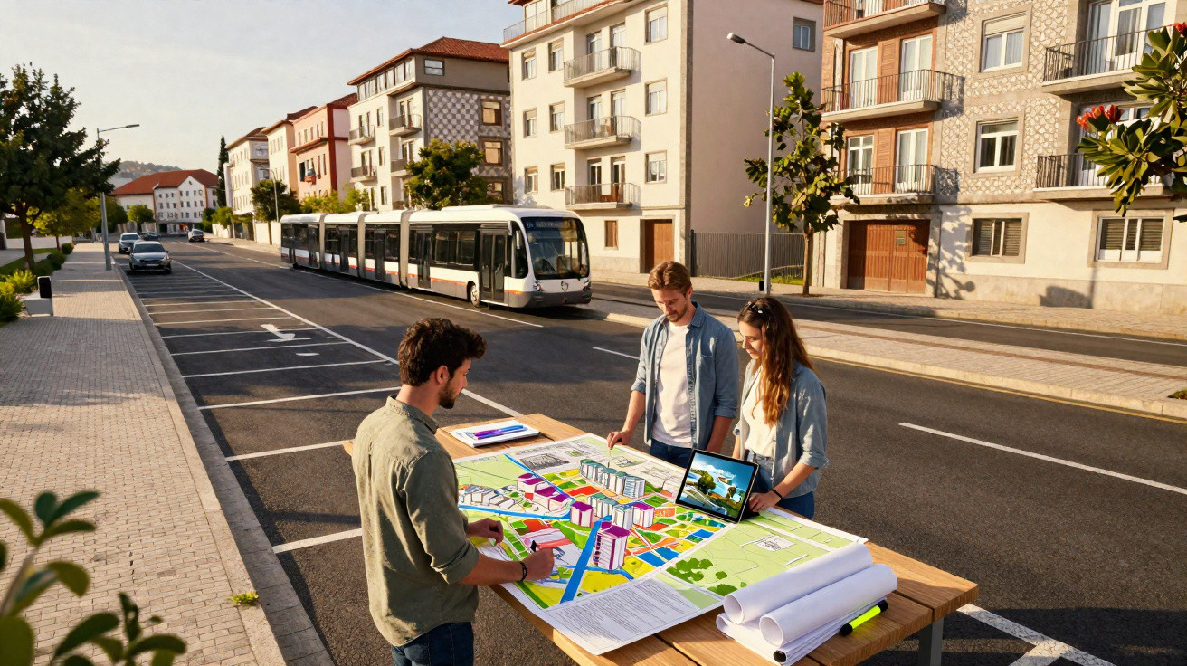 Três pessoas a analisar maqueta de projeto urbano numa rua com elétrico ao fundo em dia soalheiro.