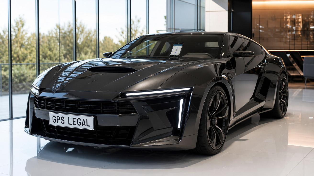 Carro desportivo preto moderno estacionado em piso brilhante dentro de showroom com vidro e luz natural.