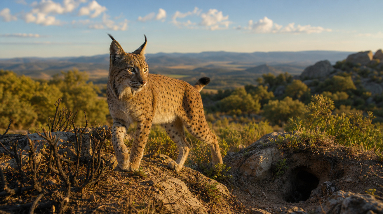 Lince ibérico a caminhar sobre rochas numa paisagem natural ao entardecer com céu azul e nuvens.
