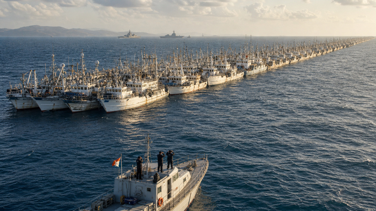 Frota de dezenas de barcos de pesca alinhados no mar com soldados a bordo de um barco à frente.