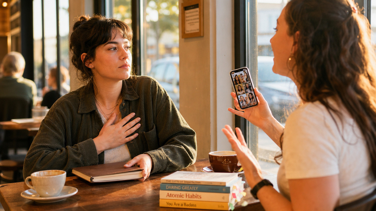 Duas mulheres conversam numa cafetaria, uma mostra fotos no telemóvel enquanto a outra ouve atentamente.