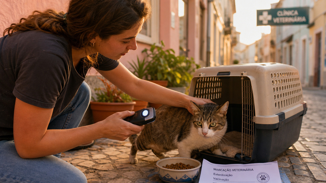 Mulher examina gato que sai de transportadora perto de clínica veterinária numa rua pavimentada.