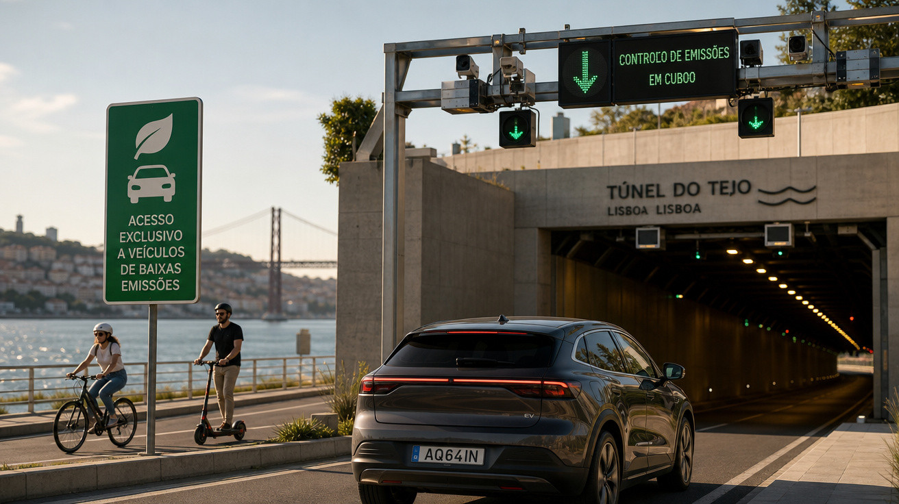 Carro elétrico a entrar no túnel do Tejo em Lisboa, com sinalização para veículos de baixas emissões.
