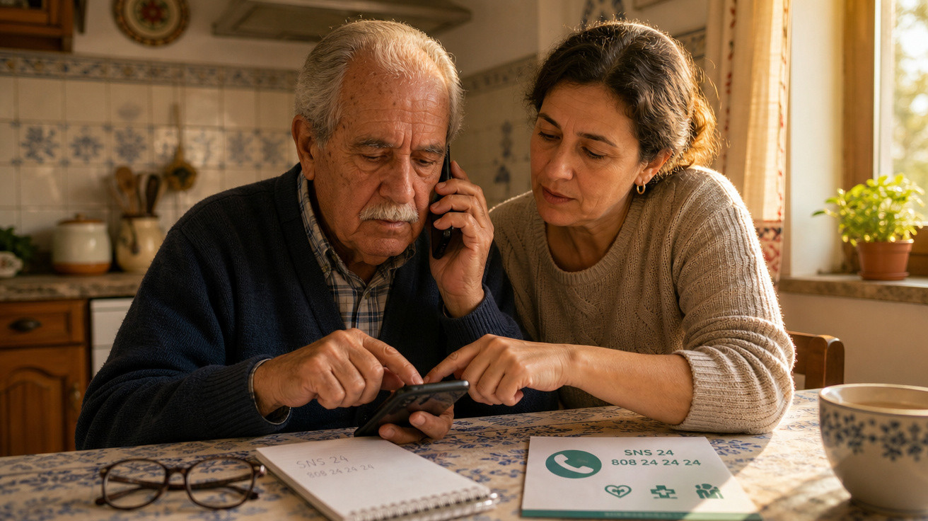 Homem idoso ao telefone recebe ajuda de mulher para usar o telemóvel numa cozinha acolhedora.